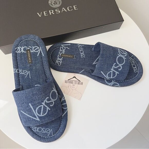 ⭕️ VERSACE Denim Slippers Sandals Blue Logo Women’s Designer 8.5 - Picture 8 of 9